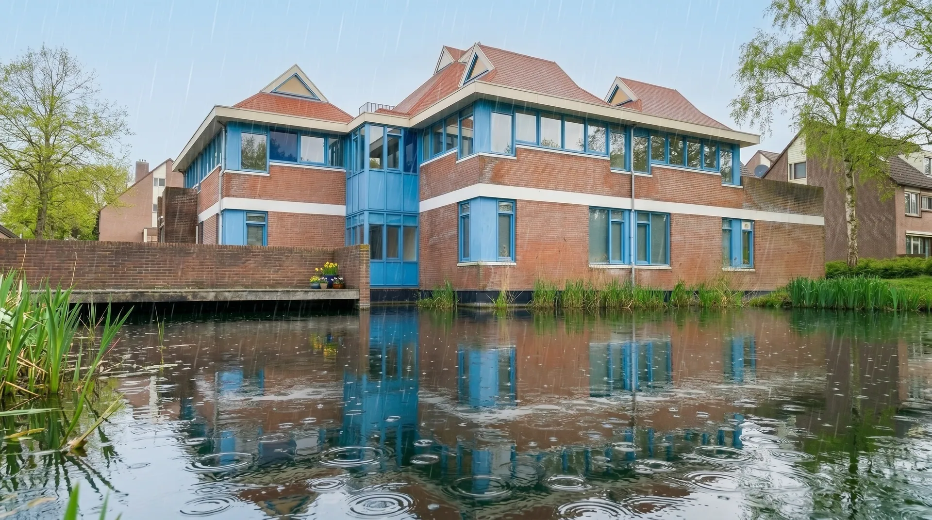 Het pand aan de Borndiep 2B weerspiegeld in het water, terwijl de regen druppelringen op het oppervlak maakt